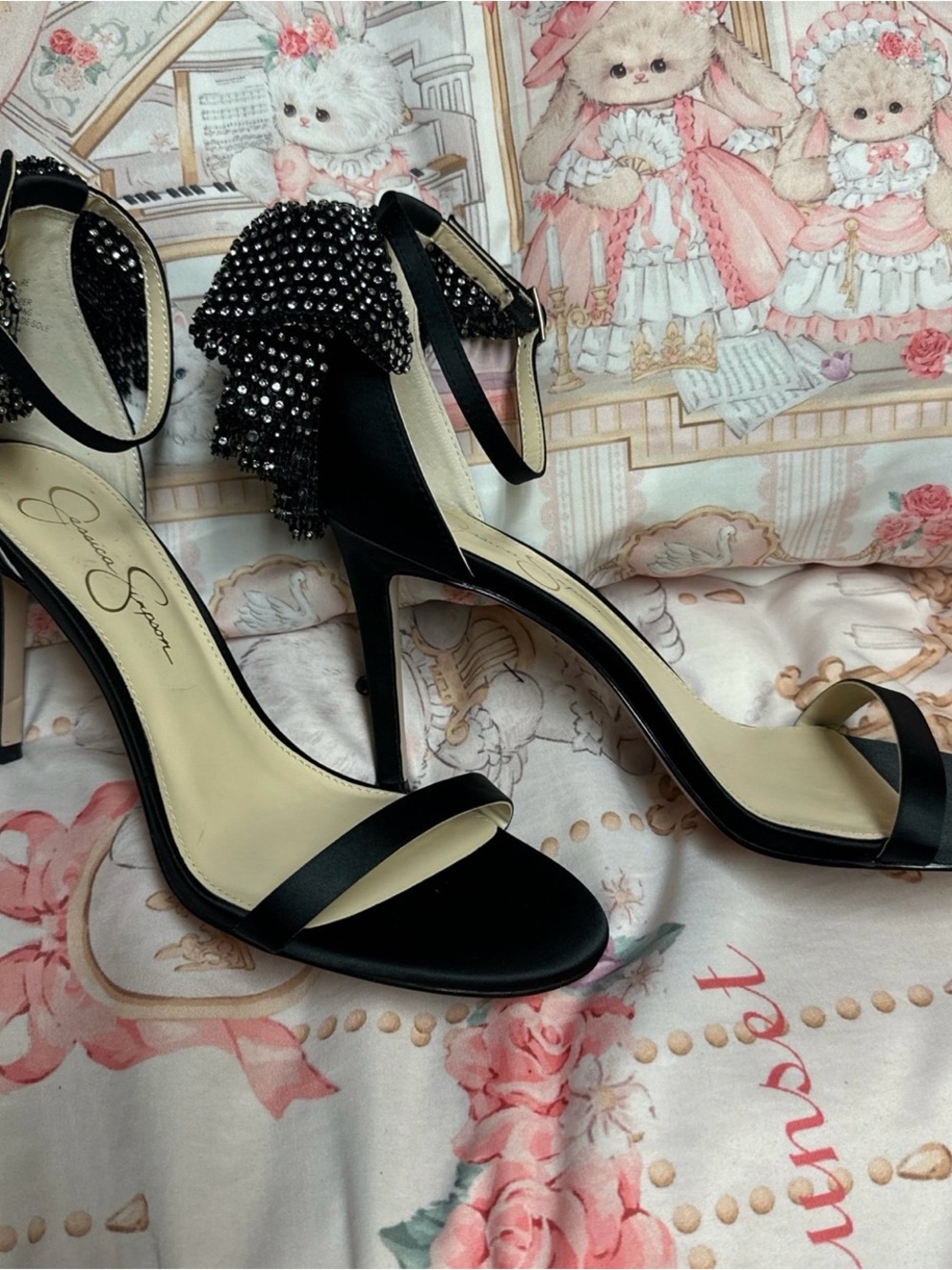 Jessica Simpson Black Rhinestone Fringe Ankle-Strap Stilettos - Picture 2 of 7